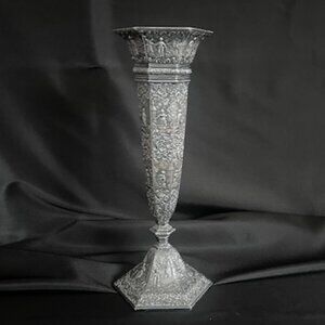 Vintage Embossed Pewter Flower Vase Dutch Scenes JB #55659